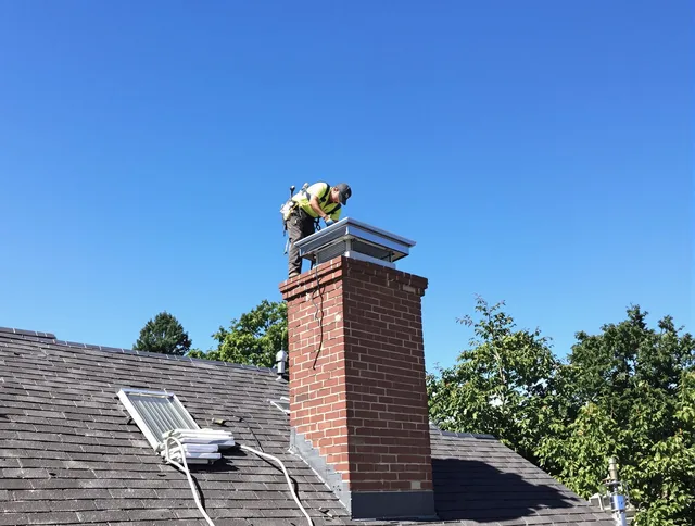 Sagamore Hills Chimney Sweep technician measuring a chimney cap in Sagamore Hills, OH
